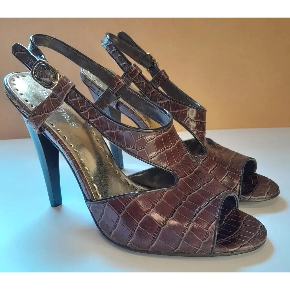 BCBG Girls Size 8.5 Azria Croc-Embossed Brown Leather Slingback Heels